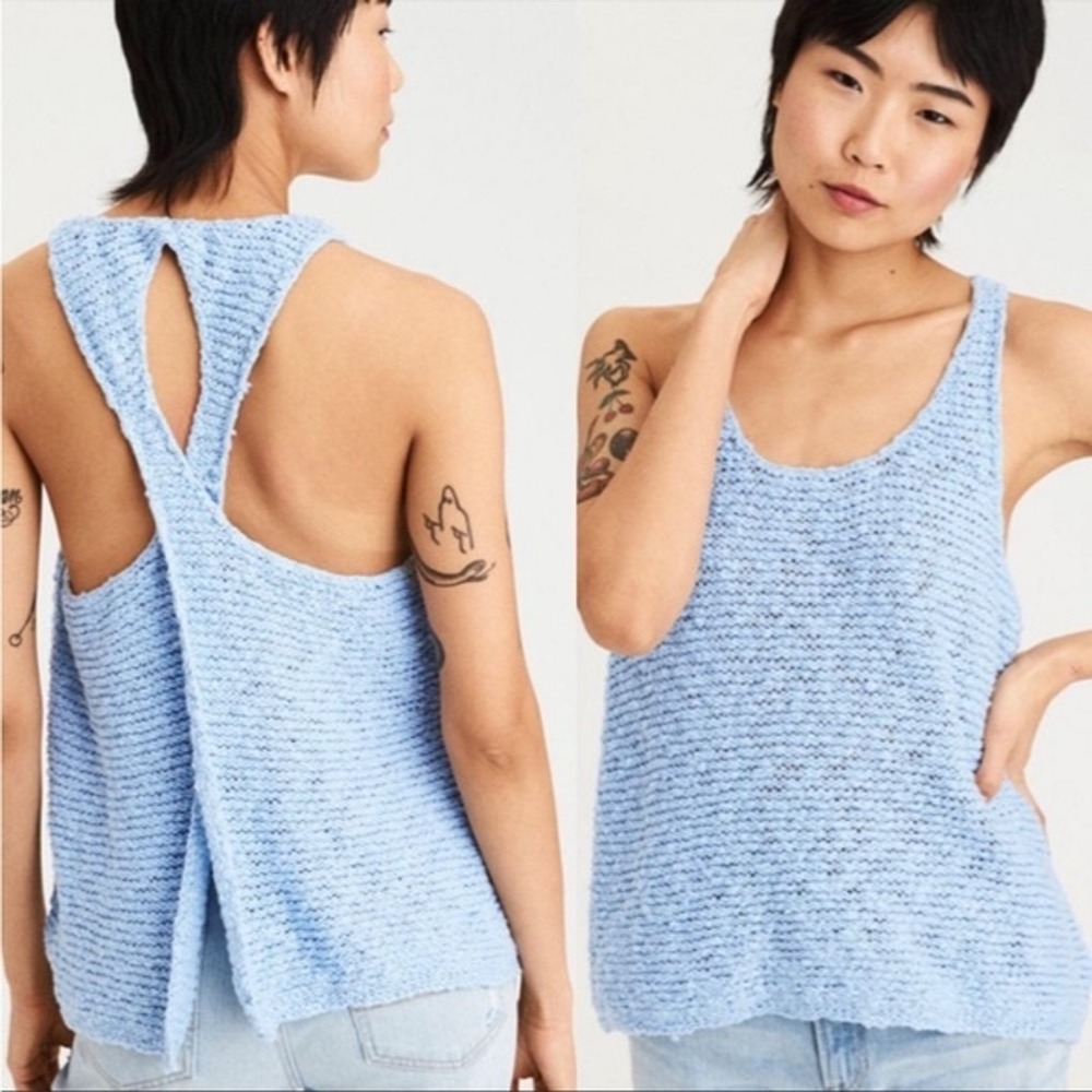 American Eagle Light Blue Knit Crossover Open Back Tank Top Sleeveless Sweater